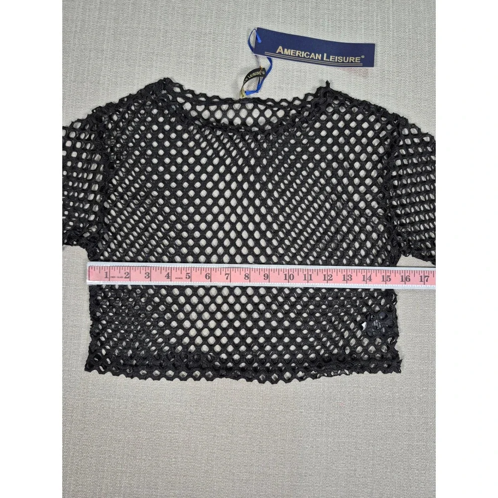 American Leisure Womens Black Fishnet Mesh Crop Top and Shorts Set Size S NEW